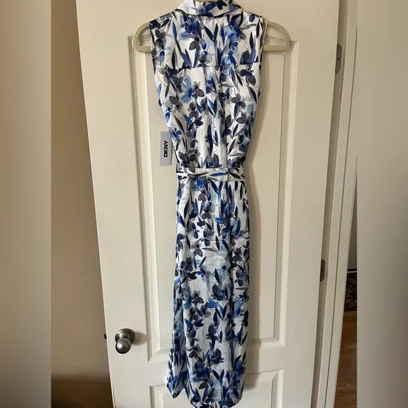 DKNY Floral Blue and White Belted Sleeveless Dress Women’s Size 2 - Picture 5 of 14